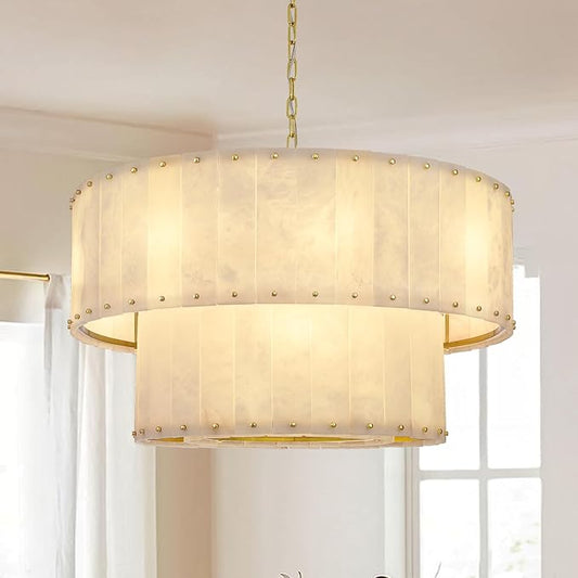 Alabaster Chandelier D32in Spanish Natural Marble Round Chandeliers, 2 Tiers Alabaster Pendant Light,Modern Living Room Chandelier, Dimmable Gold Chandeliers for Dining Room,Bedroom,Bathroom,Entryway