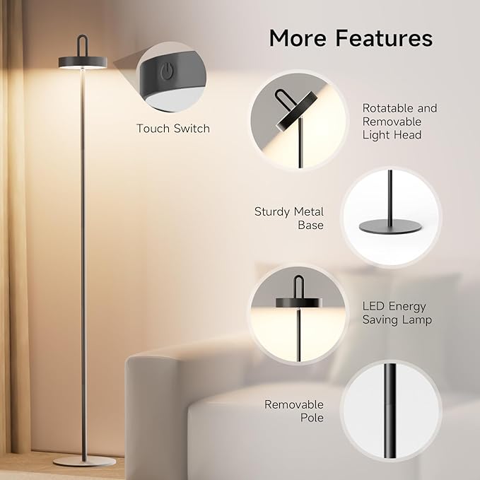 Cordless Floor Lamp for Outdoor/Indoor, Rechargeable Battery Operated LED Table Lamp, Touch Lamp with 3 Color Stepless Dimmable, Waterproof Wall Lamp with 5 Adjustable Heights
