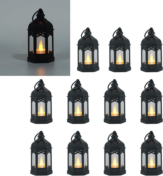 LLQ 12Pcs Mini Lanterns with Flicker LED Candle, Lanterns Decorative Indoor, Lantern Centerpieces for Tables, Vintage Decorative Lantern for Party Ramadan Halloween Christmas Wedding Decorations