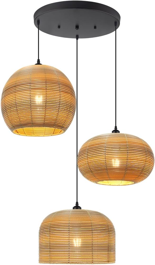 3-Light Chandelier Vintage Rattan Pendant Light Fixtures Hand Woven Boho Rattan Light Fixtures Ceiling Hanging, Farmhouse Chandelier for Dining Room Kitchen Island Bedroom