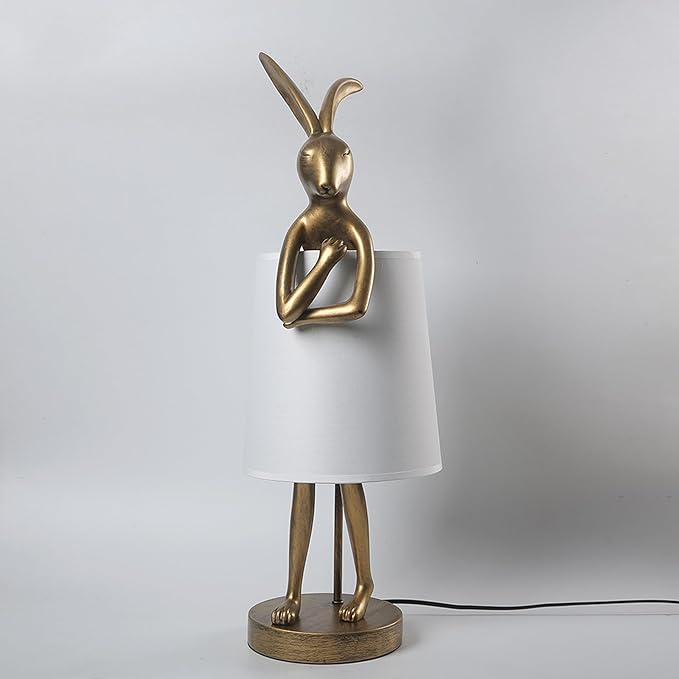 Cute Rabbit Animal Table Lamp,Big Size 25.6", Gold Resin Bunny Decor LED Desk Light,White Linen Shade,Home Eye Protection Lamp Office Study Bedside Small Bunny Light (25.6" White Shade)