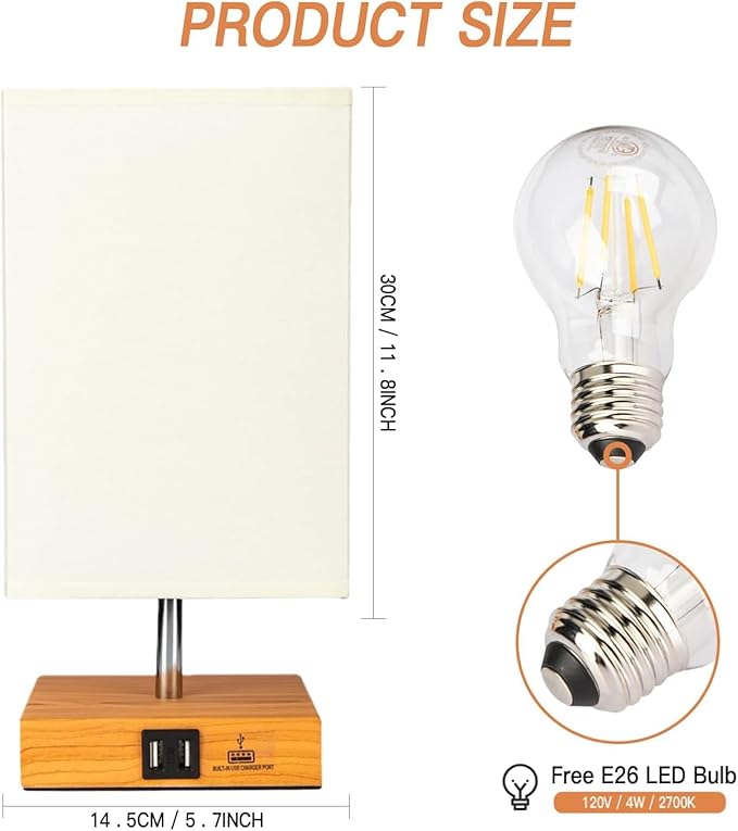 Touch Control Table Lamp, 2 USB Charging Ports, Bedside Lamp for Nightstand with Round Fabric Lamp Shade, Modern Night Light for Living Room, Bed Room, Kids Room, Office (Square)