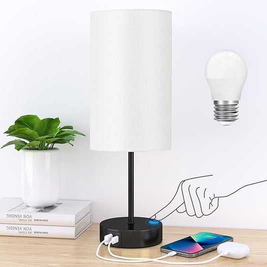 AKASUKI Table Lamp for Bedroom, 3 Way Dimmable Touch Lamp with Dual Charging Station, Small Bedside Lamps for Night Stands, Living Room, Office(LED Bulb Included)