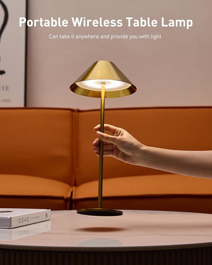 Bojim Gold Cordless Table Lamp, Rechargeable Touch Lamps with 3 Color Dimming, Wireless Battery Operated Lamp for Bedroom/Living Room