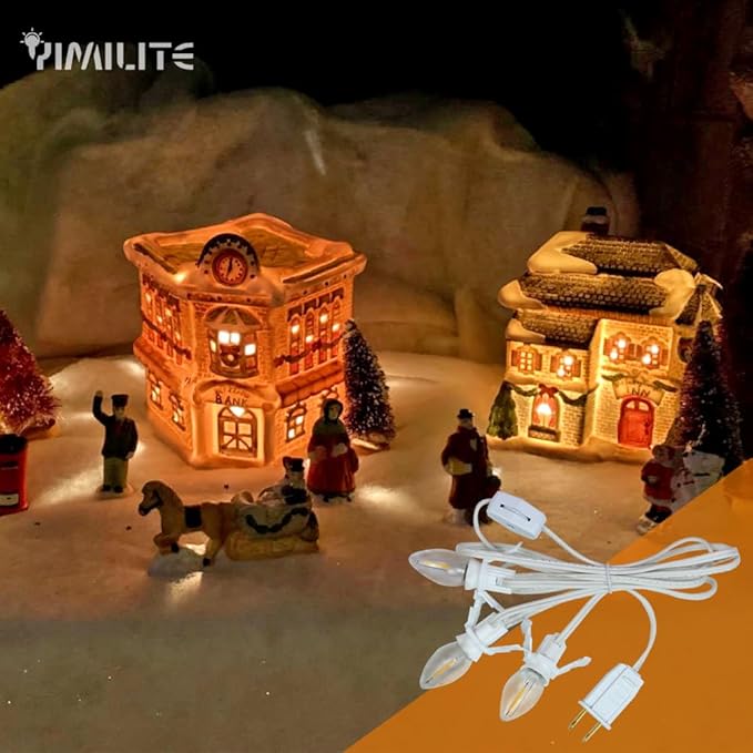 3 Base C7 String Bulbs Christmas Village Light Accessory Cord with 3 LED Light Bulb Universal Clip White Cord with On/Off Spare Fuse Switch Plugs for Decorations Christmas Village House
