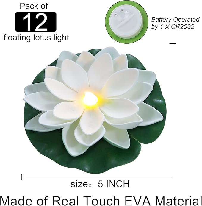 LACGO 12 PCS Waterproof Floating Lotus Light - Floating Flower Light Battery Operated Water Activated Warm White Pool Flower Lamp Wedding,Anniversary,Garden Decoration