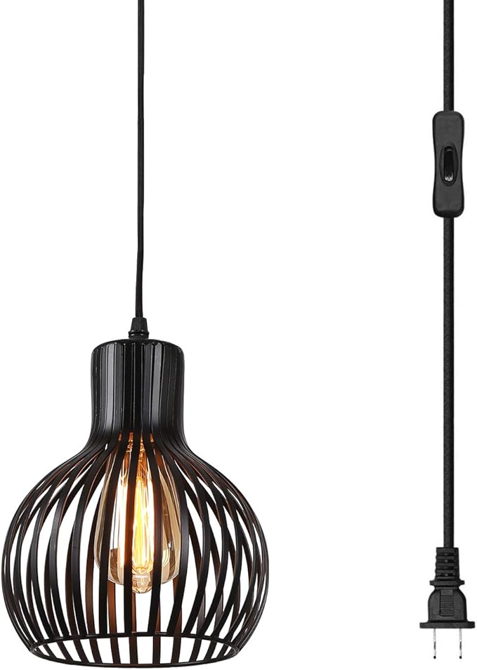 Industrial Wire Cage Plug in Pendant Light 14.27 Ft Hanging Light Cord with On/Off Switch,Vintage Black Metal Hanging Lamp Fixture