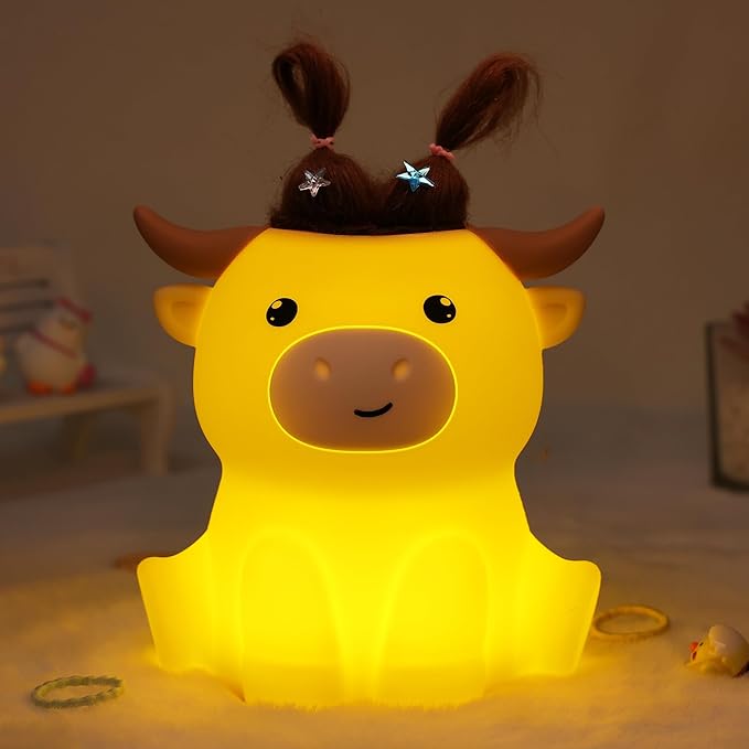 Highland Cow Night Light, Fluffy Cow Squisy Lamp for Kids, Soft Silicone Animal Nightlamp with 2 Levels Dimmable & 20 Mins Timer, Rechargeable LED Light Gifts for Baby Boys Girls