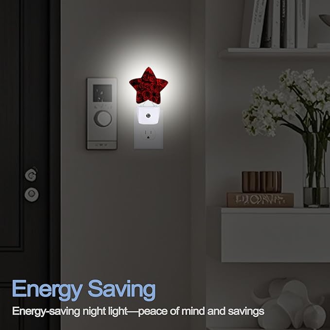 Red Rose Flowers Nightlight,Romantic Roses Star Night Lights Plug into Wall Decorations for Bedroom Bathroom,Dusk to Dawn Sensor Kitchen Hallway Stairs Energy Efficient Desk Lamp