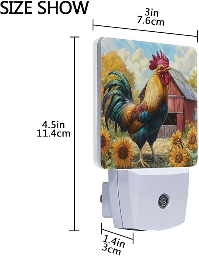 Rooster Farmhouse Night Light 2 Pack Dusk to Dawn Sensor Led Lamp for Women Men Night Lights Plug into Wall Decor for Bedroom Kitchen Corridor, 0.5W