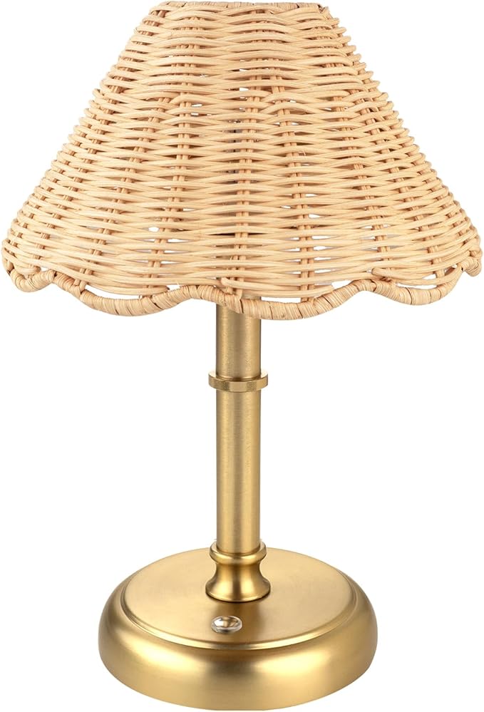 Mini Cordless Boho Rattan Table lamp, 5200-mAh Rechargeable Battery, 3-Level Brightness Dimmable, Build-in Integrated LED 320 Lumen Max, Rattan Shade, for Bedside Restaurant Dining Table