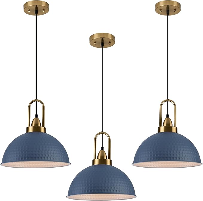 Blue Pendant Lights Kitchen Island Industrial Adjustable Height Vintage Dome Hanging Light Fixtures for Barn, Dining Room 3 Packs