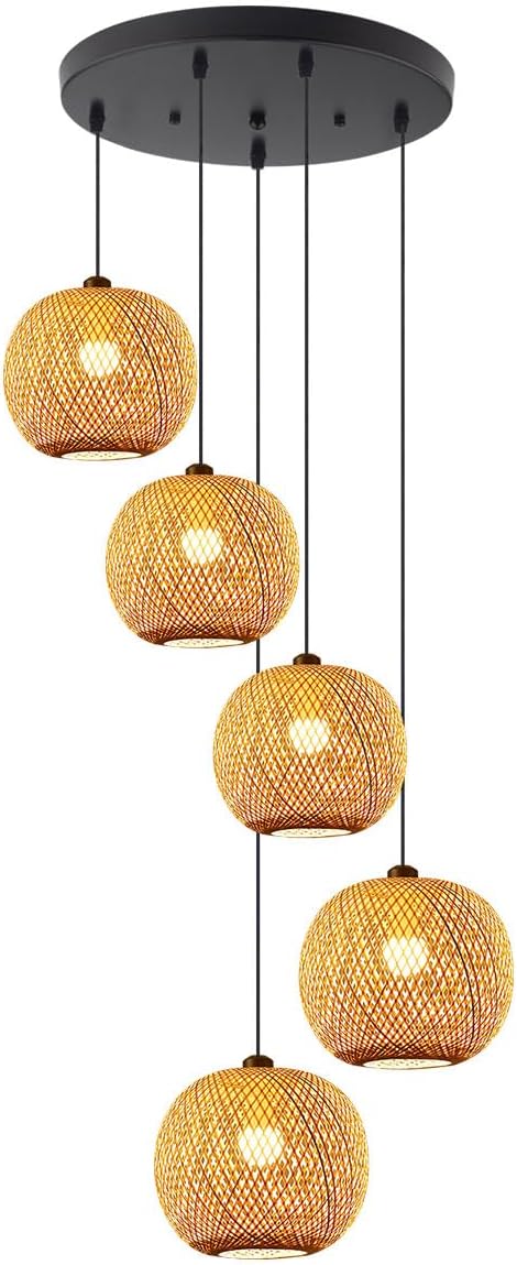 5-Light Rattan Chandelier Lighting for Staircase Boho Bamboo Long Chandeliers for High Ceilings, Wicker Adjustable Pendant Light Fixture for Foyer Living Room Entryway, E26 Base