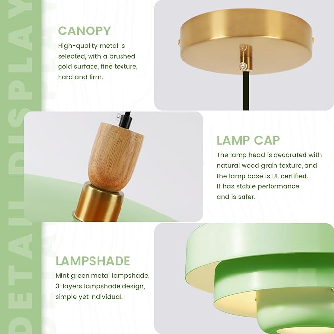 Mint Green Pendant Light with Solid Wood, 13.8 Inch Adjustable Modern Farmhouse Ceiling Lamp for Kitchen Island, Pantry, Dining Room, Living Room