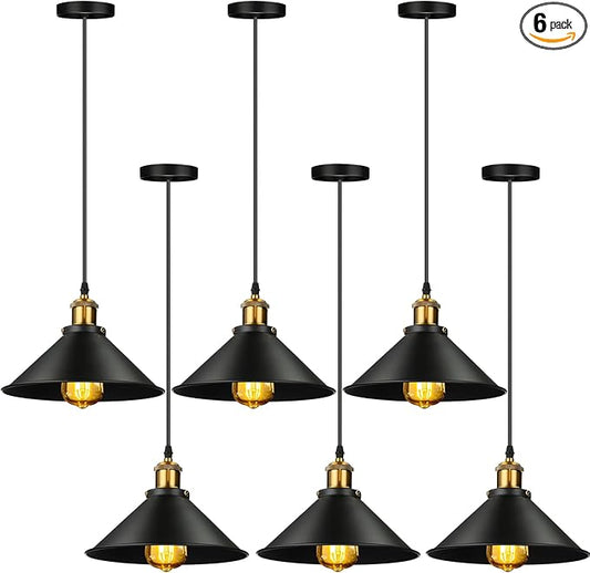 Retisee 6 Pieces Industrial Pendant Lights E26 E27 Base Farmhouse Lampshade for Hanging Light Vintage Metal Shade Fixtures Barn for Kitchen Dining Room Home Bar Foyer(Black)