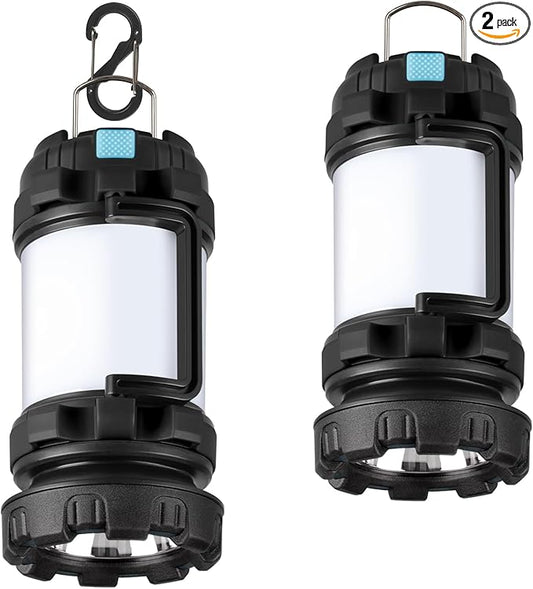 2 Pack Camping Lantern, Outdoor LED Camping Light, Rechargeable Flashlights with 1000LM, 6 Modes, IPX5 Waterproof Portable Emergency Camp Light for Hurricane Survival - Black