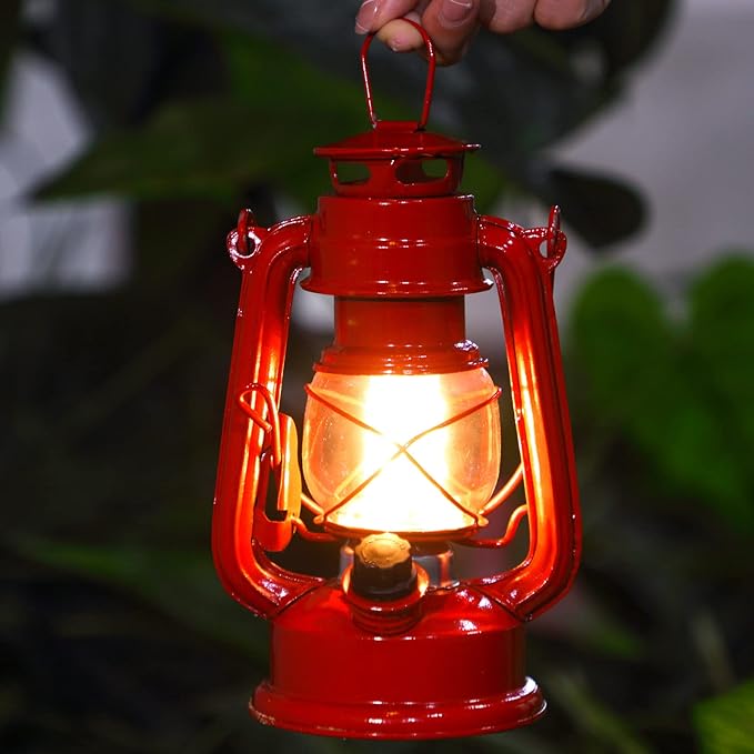 Hortsun 4 Pcs 8 Inch Vintage LED Hurricane Lantern Metal Red Outdoor Battery Operated Hanging Lantern with Warm LEDs and Dimmer Switch for Halloween Christmas Indoor Rustic Farmhouse Camping Decor
