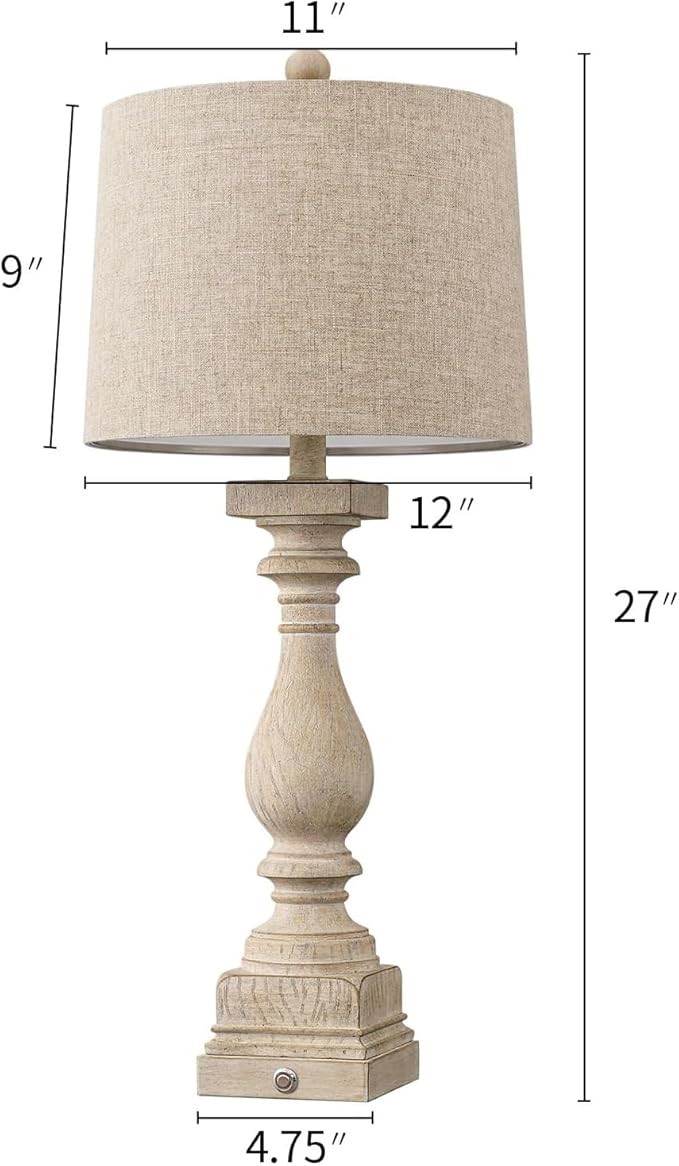 BOBOMOMO 27" Table Lamp with USB C+A Charging Ports Set of 2 Antique Nightstand Lamp for Bedroom Living Room Farmhouse Office Retro Rustic Resin Bedside Desk Lamps Washed White