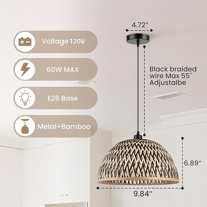 Bamboo Pendant Light Fixture, 9.84 inch One-Light Adjustable Boho Handmade Woven Pendant Lighting for Kitchen Island Dining Room Living Room (Medium)
