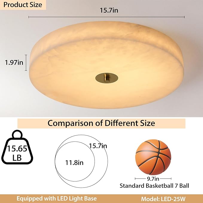 Alabaster Ceiling Light,15.7in Spanish Natural Marble Round Alabaster Flush Mount,Modern 2700K LED Kitchen Ceiling Lights Hardwired for Bedroom,Foyer,Bathroom,Entryway,Living Room