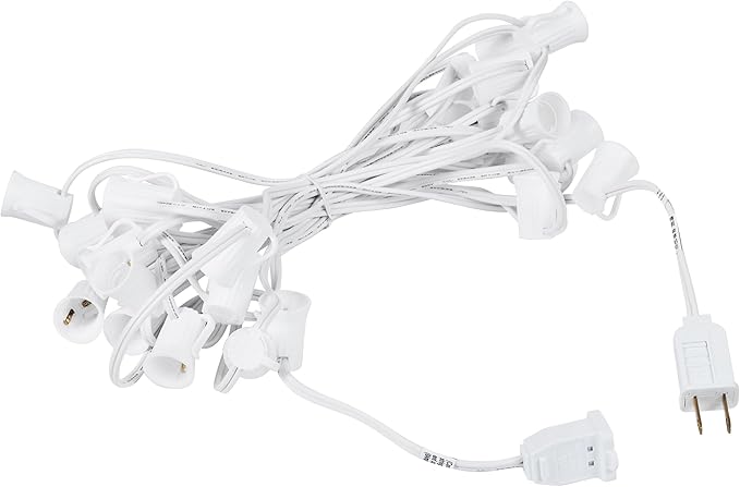 Brightown C9 Light Strand, 25FT White Cord Outdoor String Lights Christmas Stringer with 12" Socket Spacing, C9/E17 Intermediate Base Indoor/Outdoor Stringer Set for Christmas Decor Patio