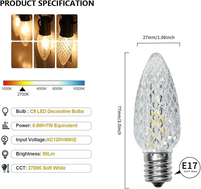 C9 LED Christmas Light Bulbs, Shatterproof & Waterproof C9 LED Replacement Bulb, 2700K Warm White Holiday Decor Bulbs for Indoor & Outdoor Use, E17 Base (Warm White 50Pack)