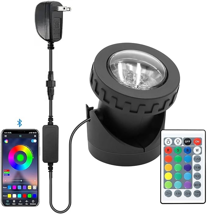 Colored Pond Lights with Timer, APP Control RGB Fountain Light IP68 Waterproof, Dimmable Outdoor Landscape Lights for Fish Tank Pond Fountain Garden (1 Light)