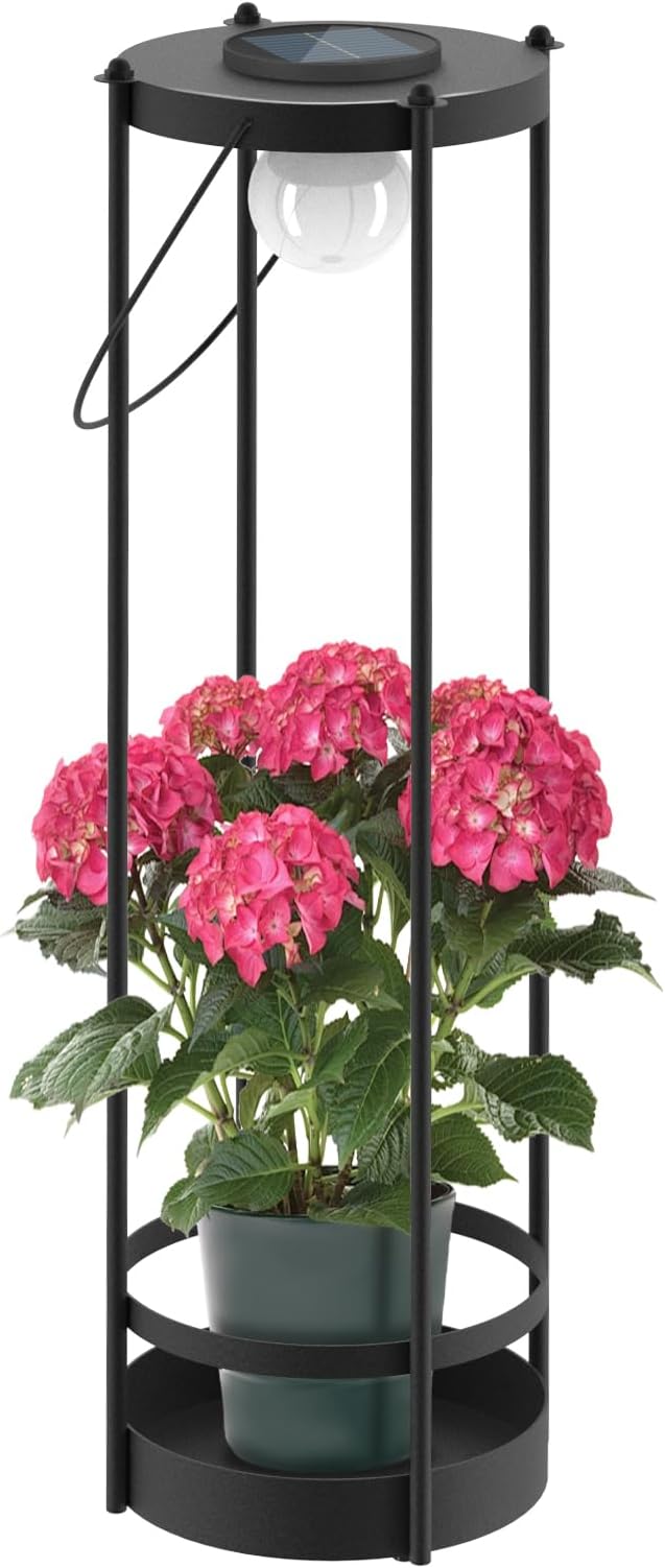 Outdoor Solar Floor Lamp with Plant Stand – Tall Solar Powered Patio & Garden Floor Light, Waterproof Standing Lamp for Yard, Porch & Outdoor Décor (35.5" H - 1Pack)