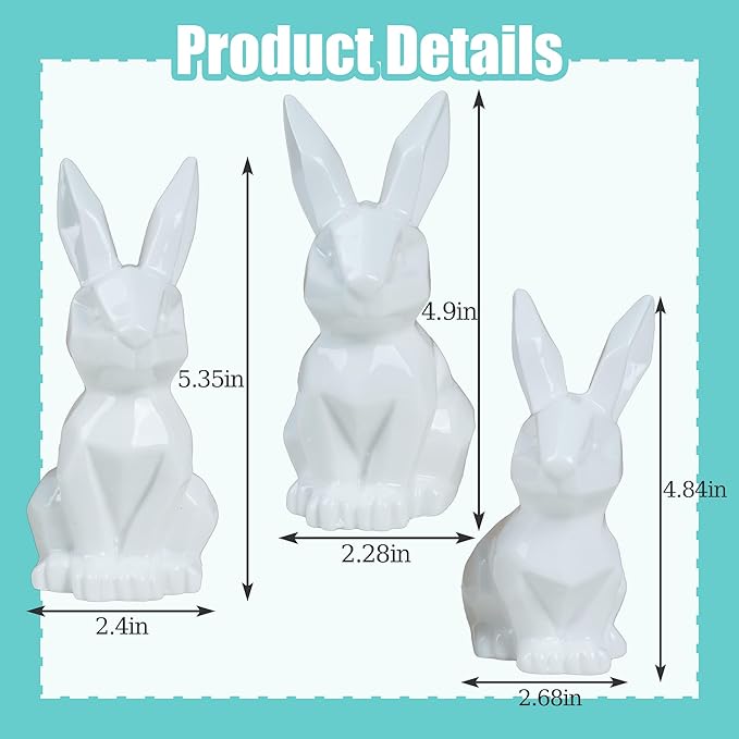 NEROSUN 3 Pack Easter Bunny Decorations, Ceramic White Rabbit Statues Ornaments, Lighted Bunny Table Centerpiece for Easter Party, Spring Home Decor and Shelf Display