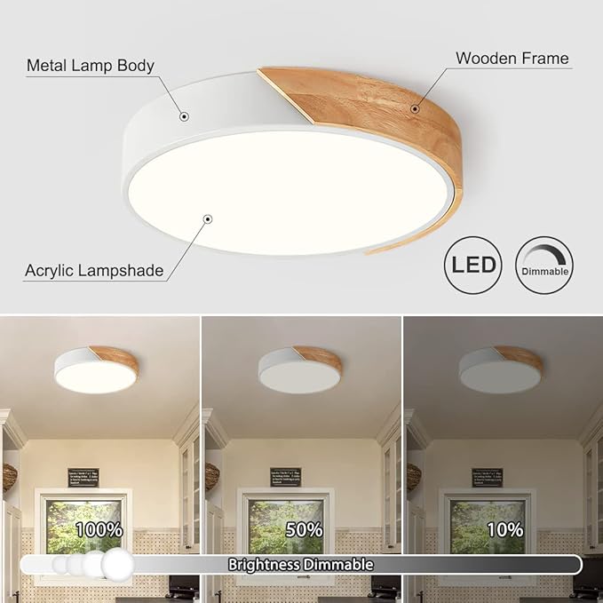 Vikaey Modern Dimmable LED Ceiling Light, Minimalist Wood Style 5CCT 2700K-6000K Flush Mount Ceiling Light Fixture, Round Lighting Lamp for Bedroom, Laundry Room, Hallway, White, 11.8"