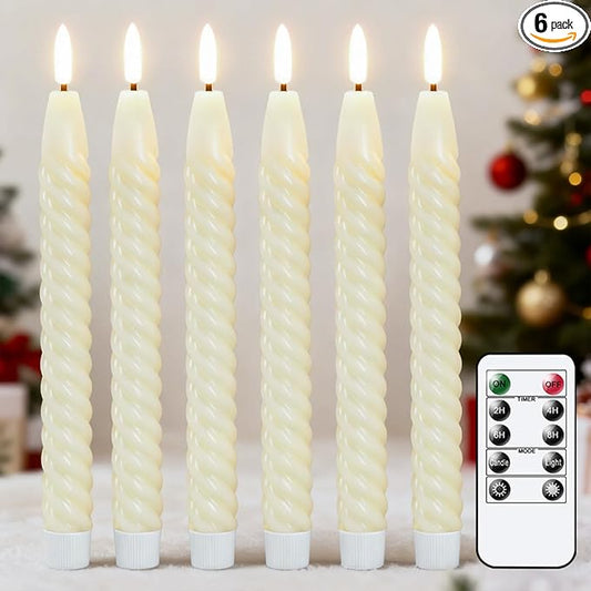 Flameless Taper Candles Flickering with Remote Timer, LED Taper Candles Battery Operated Warm 3D Wick Spiral 6 Pack Real Wax Home Birthday Decor 9.8" Ivory