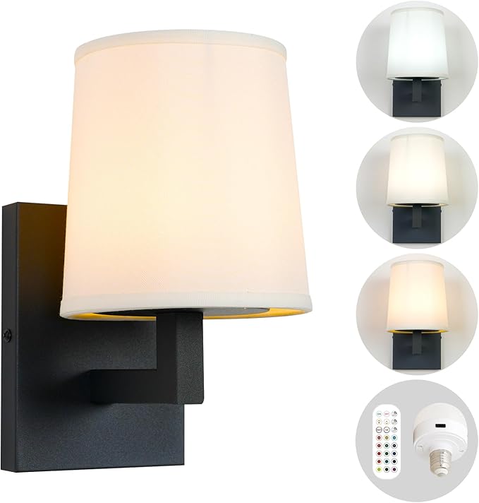 HEQIQEH Vintage Rechargeable Battery Powered 1-Light Fabric Wall Sconce, Dimmable Cordless Wall Mounted Lamp Fixture with Remote Control for Living Room Bedside Dining Room Hallway