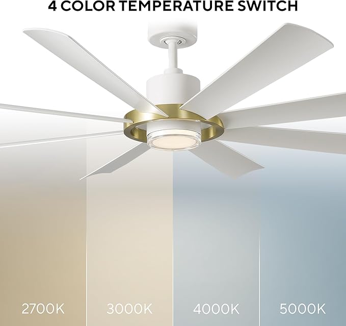 Modern Forms Aura Indoor and Outdoor 8-Blade 60in Smart Ceiling Fan in Matte White Soft Brass Ring with 2700K-3000K-4000K-5000K Selectable LED Light Kit and Remote Control works App