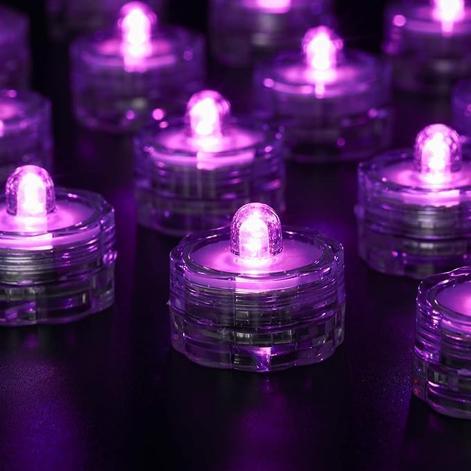 Submersible LED Lights, Waterproof Wedding Underwater LED Tea Lights Candles for Centerpieces/Party/Christmas Set of 24, Purple