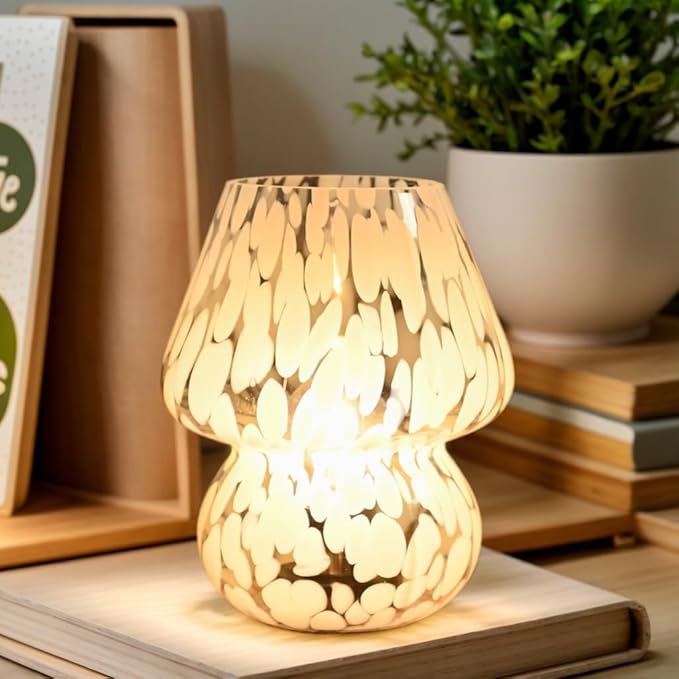 Mushroom Lamp Small Bedside Table Lamp, Battery Operated Mushroom Desk Lamps with LED Bulb, Translucent Glass White Cordless Lamp for Bedroom Nightstand Living Room