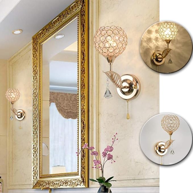Modern Crystal Wall Light Pendent Lamp Chrome Finish Bedroom Sconce Lighting Fixture with Pull Cord Switch, E14 Socket (Gold)