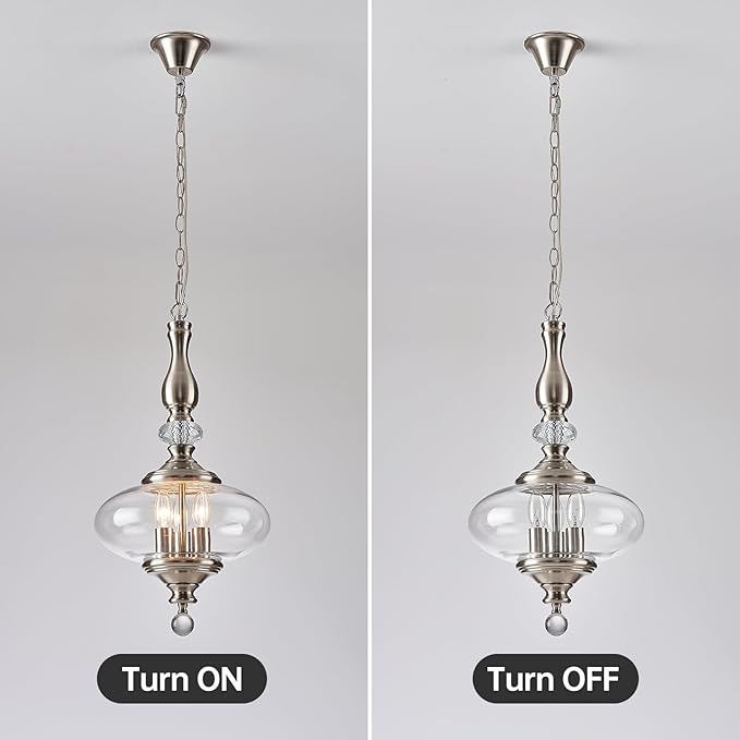 Brushed Nickel Pendant Light 11.8'' Wide 23.6'' High Modern Glass Pendant Light for Dining Room, Kitchen, Hallway Adjustable Height