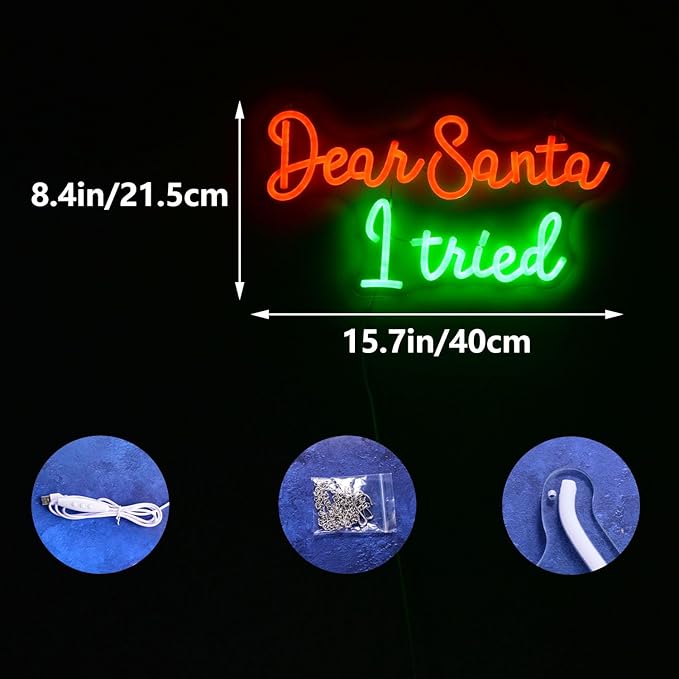 Dear Santa I Tired Neon Signs Merry Christmas LED Light Red Funny Eve Neon Lamp for Kids Bedroom Nursery Happy New Year Party Wall Decor Xmas Gift for Good Boys Girls