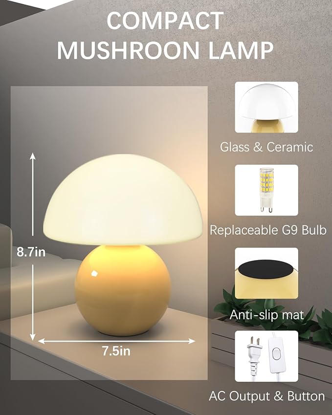 Mushroom Table Lamp with 3 Color Temperatures, 8.7" Mid Century Modern Glass Lamp for Bedroom Nightstand, Living Room, Aesthetic Dorm Desk Decor