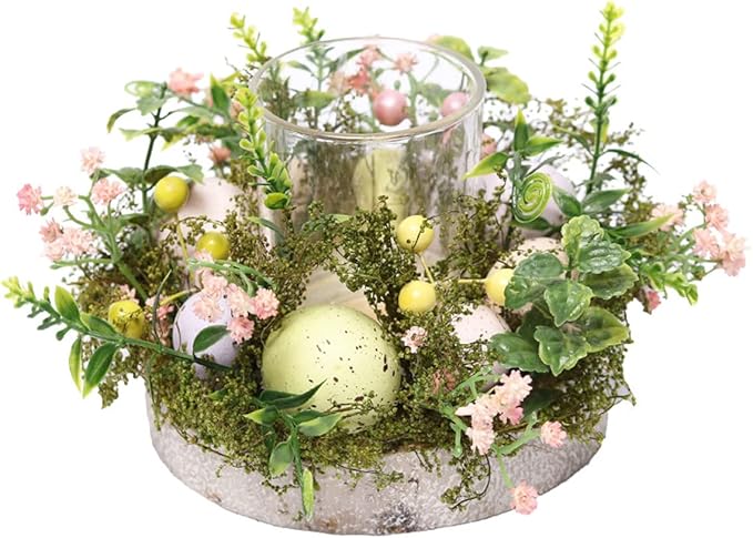 Colorful Easter Eggs Glass Tealight Candle Holder Cup, Candle Sticks lamp Tea Light Candlestick Holder with Artificial Plants Flowers for Spring Easter Home Table Centerpiece Decors (Exclude Candles)