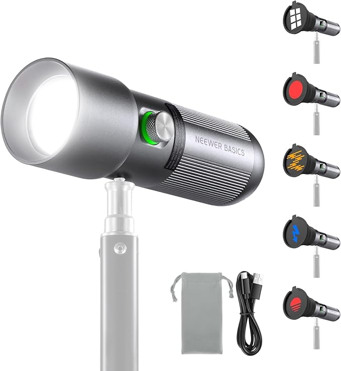 NEEWER Basics RGB Photography Flashlight, 4 Colors/20 GOBO Filters/CRI95+/7500mAh, 10W 6300K Portable LED Video Spotlight Patterned Ambient Aluminum Sunset Light for Recording Studio Lighting, FL10