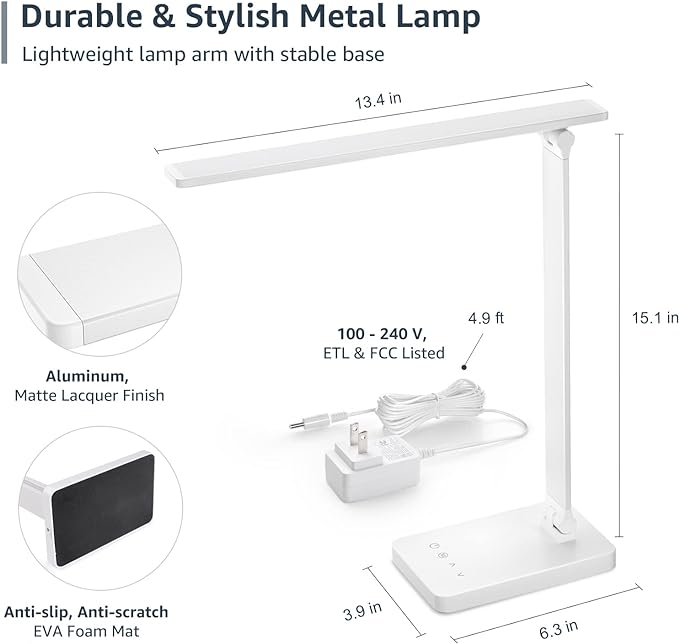 Lepro LED Desk Lamp, Metal Desk Light 9.5W 800lm, Forbes Vetted Best Task Lamp, 5 Color Modes 5 Brightness Level, Dimmable Home Office Desktop Lamp for Reading, Crafting, Sewing, Puzzle, Nail, White