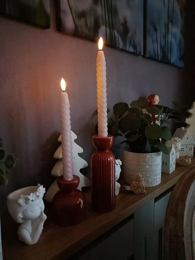 Pink Easter Flameless Taper Candles Pastel Flickering with Remote Timer, 3D Wick LED Spiral Wedding Candles Battery Operated 6 Pack Real Wax Home Birthday Spring Easter Decorations