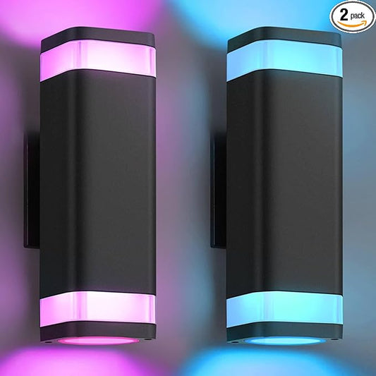 SHIMR Smart RGB Outdoor Wall Lights 2 Pack, WiFi App Control Color Changing Up Down Exterior Sconce with Dusk to Dawn Sensor, Waterproof LED Wall Mount Light Fixture, Compatible with Alexa & Google