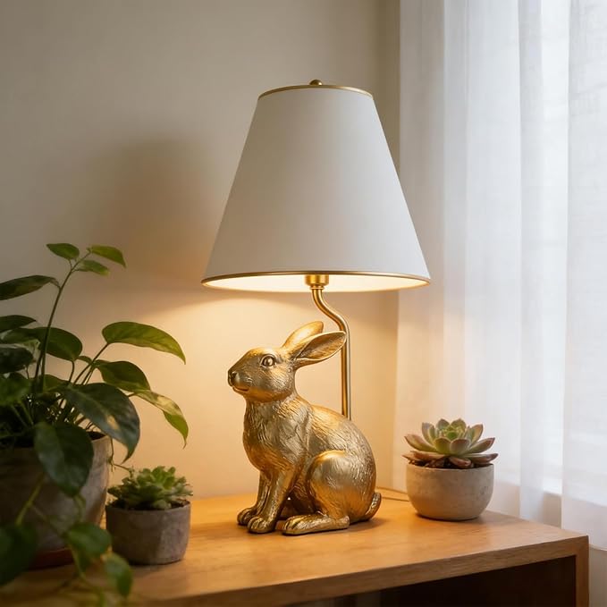 Golden Bunny Table Lamp with Tapered Linen Shade, Gold Finish Rabbit, Easter Decor Collection, Animal Light for Indoors, Bedroom, Study, Kids Room
