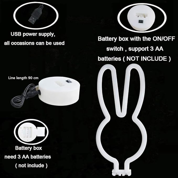 BAILEY Rabbit Ears Neon Sign,Easter Bunny Rabbit LED Lights with Holder Base,USB or 3-AA Battery Powered Neon Light of Business Premises for Christmas Easter Party Holiday Night Bedroom Gifts (Pink)