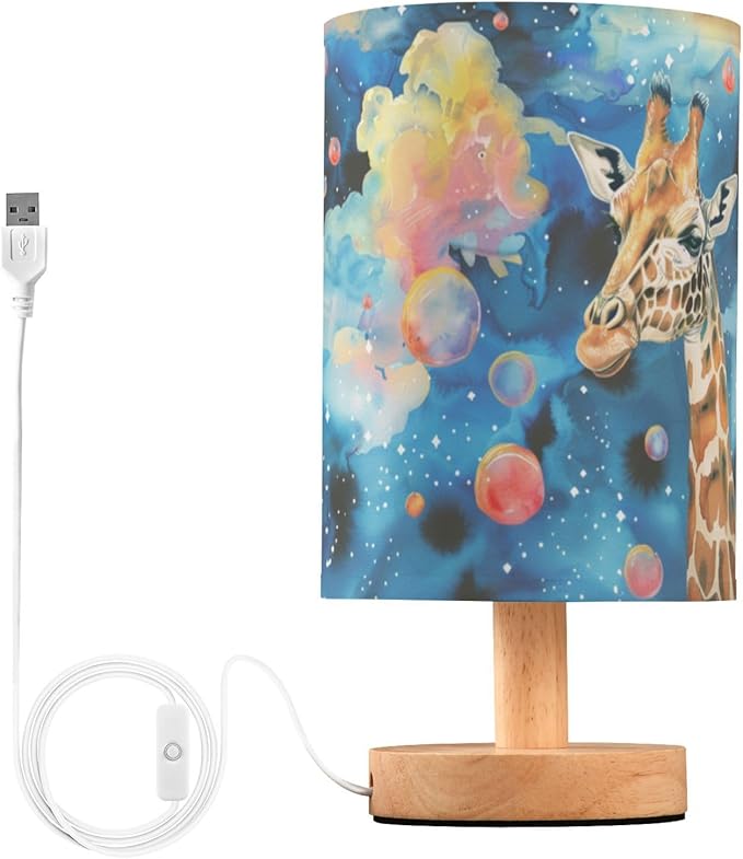 Fustylead Fantasy Giraffe Clouds Blue Table Lamp for Bedroom USB Port Lamps Small Accent Table Lamp Nightstand Lamp Sturdy Linen Shade Wooden Base Decorative Lamps for Bedside Reading|Kids|Dorm|Home