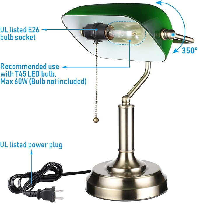 TORCHSTAR Green Glass Bankers Desk Lamp, Antique Desk Lamps with Brass Base, Traditional Library Lamp with Pull Chain, E26 Base, Vintage Desk Lamp for Office, Study Room