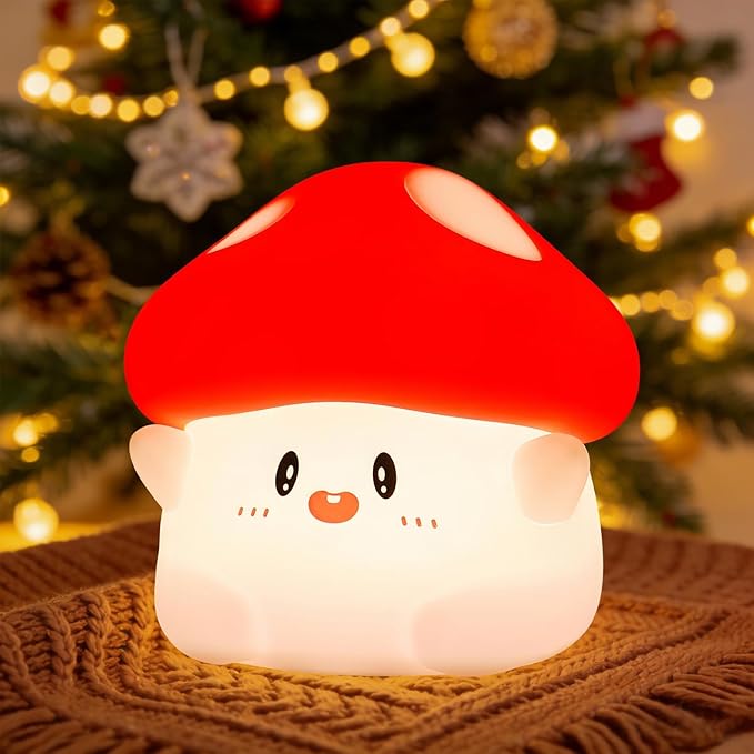 Mushroom Night Light, Squishy Silicone Lamp - Tap Control 2 Brightness, 50H Battery & Auto Timer, Cute Easter Gifts for Kids, Bedside Nursery Desk Mushroom Decor