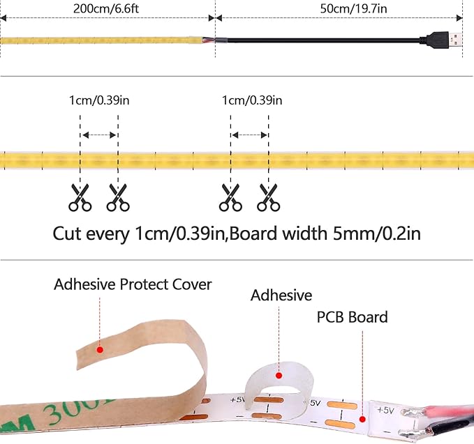 GOMING 5V COB USB LED Strip Light Warm White 3000K 5mm Width USB Powered 13.12ft/4M 400LEDs/M Flexible High Brightness IP20 Not Waterproof LED Tape Lights for DIY Decoration Lighting(2pcs x 6.6ft)